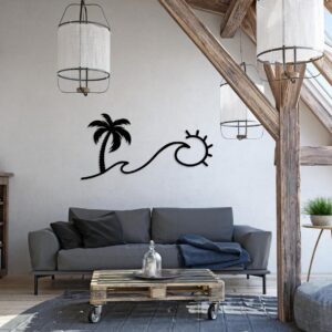 Sea Wave, Palm Tree, Sun Metal Wall Art, Minimalist Line Art, Beach House Decor, Outdoor Garden Decor, Modern Wall Art, Housewarming Gift