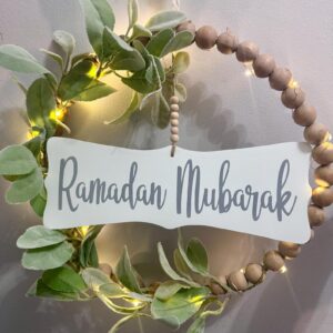 Reversible Ramadan Kareem/ Eid Mubarak wood bead & faux floral wreath, with fairy lights. Lightweight, perfect to hang inside or outside.
