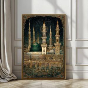 Luxury Medina Mosque Wall Art, Gold Islamic Architecture Canvas, Prophetic Masjid Painting, Ramadan Decor, Spiritual Muslim Gift